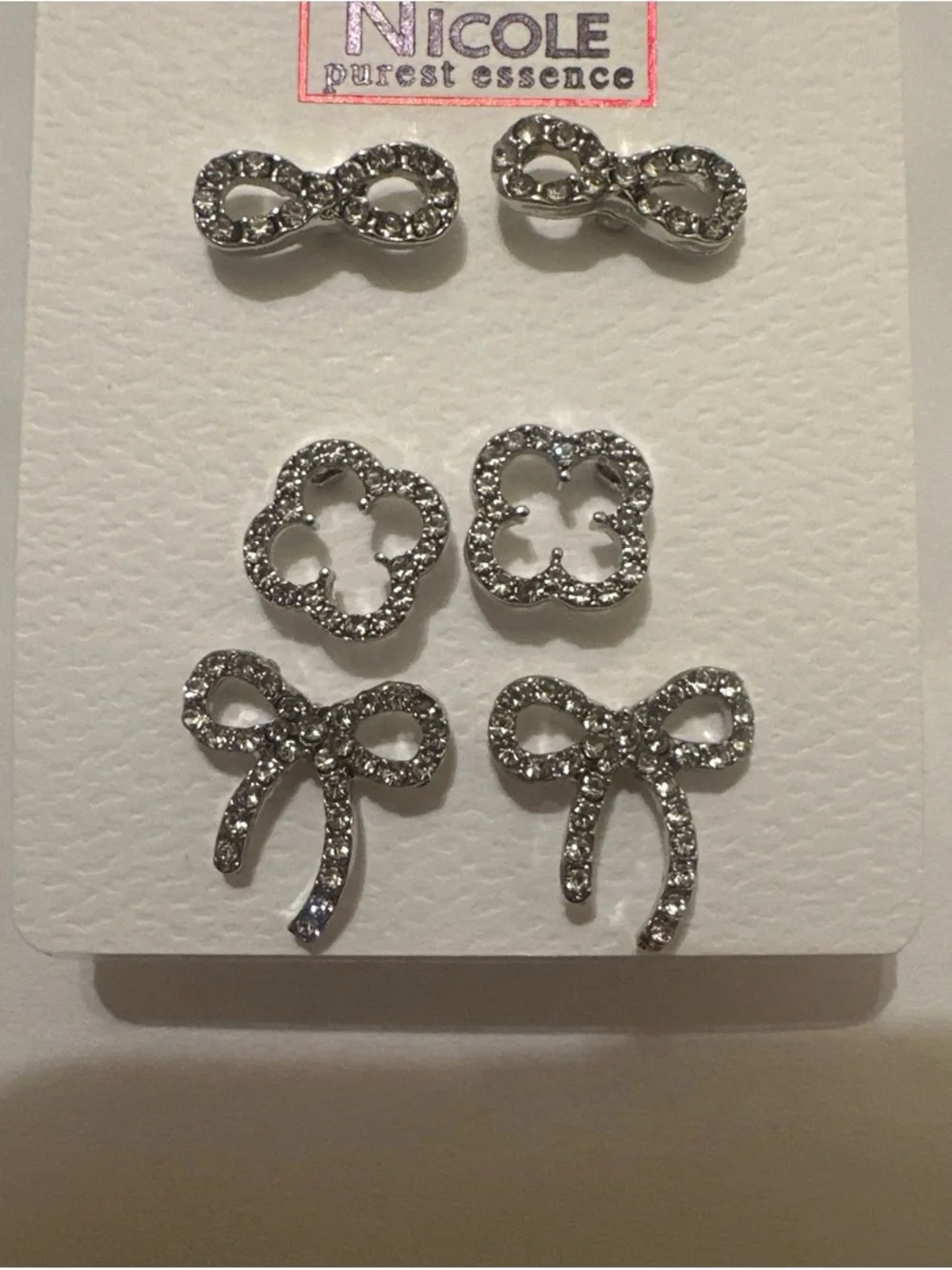 Nicole Kids Silver Rhinestone Stud Earring Set - Infinity, clover & Bow